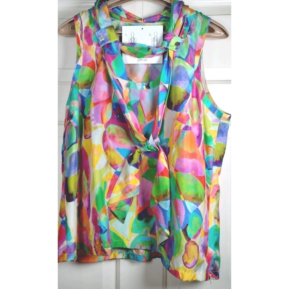 Per Se 100% Silk‎ Sleeveless Tie-Neck Blouse Multi-Color Abstract Print Sz 12